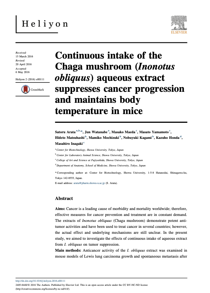Featured image for “Continuous intake of the Chaga mushroom (Inonotus obliquus) aqueous extract suppresses cancer progression and maintains body temperature in mice”